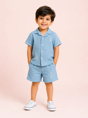 BloomUp Aqua Embroidered Co-ord Set for Boys – Soft Cotton Casual Summer Outfit