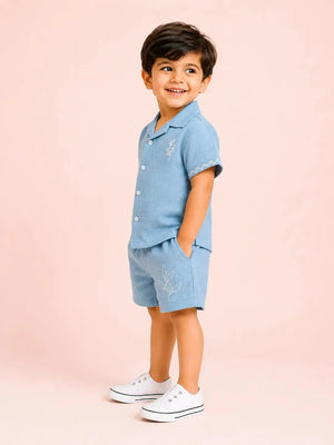 BloomUp Aqua Embroidered Co-ord Set for Boys – Soft Cotton Casual Summer Outfit
