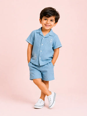 BloomUp Aqua Embroidered Co-ord Set for Boys – Soft Cotton Casual Summer Outfit