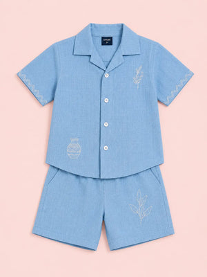 BloomUp Aqua Embroidered Co-ord Set for Boys – Soft Cotton Casual Summer Outfit