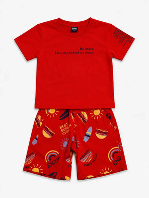 BloomUp Red Graphic T-Shirt & Printed Shorts Set for Boys – Soft Cotton Casual Summer Outfit