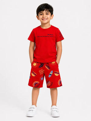 BloomUp Red Graphic T-Shirt & Printed Shorts Set for Boys – Soft Cotton Casual Summer Outfit