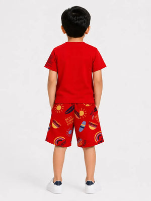 BloomUp Red Graphic T-Shirt & Printed Shorts Set for Boys – Soft Cotton Casual Summer Outfit