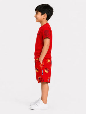 BloomUp Red Graphic T-Shirt & Printed Shorts Set for Boys – Soft Cotton Casual Summer Outfit