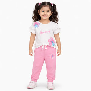 Girls Floral Printed Co-ord Set – Soft Cotton T-Shirt & Jogger Pants Summer Wear Kids Outfit BloomUp