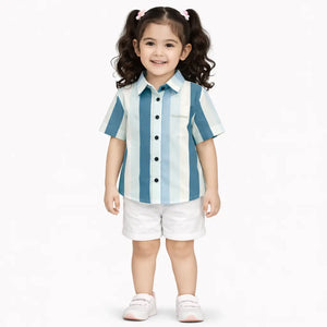 Blue & White Striped Girl Casual Shirt – Soft Cotton Half Sleeve Summer Kids Wear BloomUp