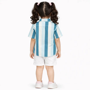 Blue & White Striped Girl Casual Shirt – Soft Cotton Half Sleeve Summer Kids Wear BloomUp