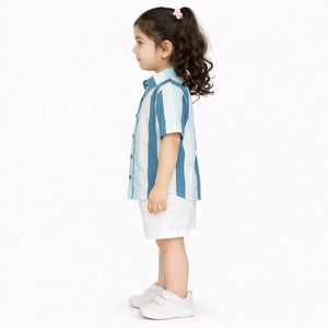 Blue & White Striped Girl Casual Shirt – Soft Cotton Half Sleeve Summer Kids Wear BloomUp