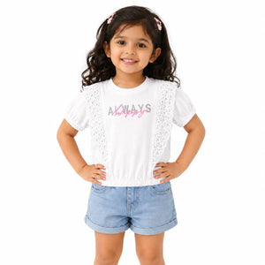 White & Pink Lace Panel Kids T-Shirt – Soft Cotton Stylish Summer Wear for Girls BloomUp