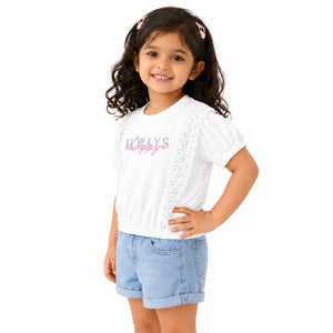 White & Pink Lace Panel Kids T-Shirt – Soft Cotton Stylish Summer Wear for Girls BloomUp