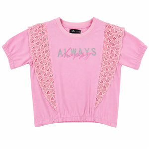 Pink Lace Panel Kids T-Shirt – Soft Cotton Stylish Summer Wear for Girls BloomUp