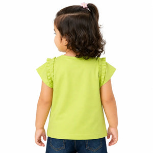 Lime Green Rainbow Kids Co-ord Set with Denim Shorts – Soft Cotton Summer Wear for Girls BloomUp