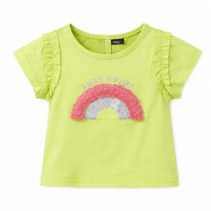 Lime Green Rainbow Kids Co-ord Set with Denim Shorts – Soft Cotton Summer Wear for Girls BloomUp