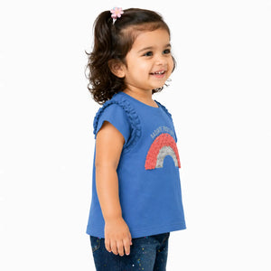 Blue Rainbow Graphic Ruffle Sleeve Kids T-Shirt – Soft Cotton Summer Wear for Girls Full Description BloomUp