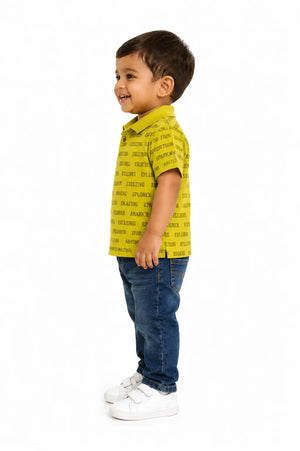 Yellow Typography Print Polo Kids T-Shirt – Soft Cotton Trendy Summer Wear for Boys BloomUp