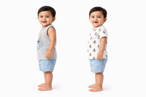 Grey Shark Print Sleeveless Tank Top & All-Over Graphic Kids T-Shirt Combo – Soft Cotton Summer Wear for Boys BloomUp