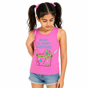 Pink Sweet Adventure Graphic Sleeveless Top for Girls – Soft Cotton Summer Wear Kids Tank Top BloomUp