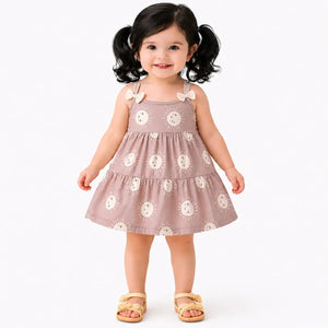 BloomUp Blush Pink Sun Print Tiered Kids Dress – Soft Cotton Summer Wear for Girls