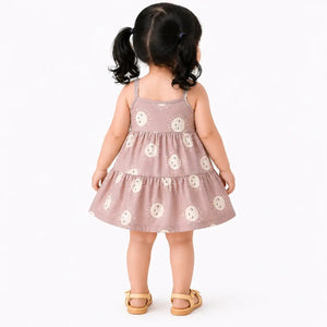 BloomUp Blush Pink Sun Print Tiered Kids Dress – Soft Cotton Summer Wear for Girls