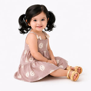 BloomUp Blush Pink Sun Print Tiered Kids Dress – Soft Cotton Summer Wear for Girls