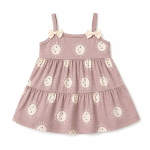 BloomUp Blush Pink Sun Print Tiered Kids Dress – Soft Cotton Summer Wear for Girls