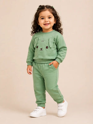 BloomUp Sage Green Puppy Appliqué Co-ord Set for Kids – Soft Cotton Sweatshirt & Jogger Pants Set