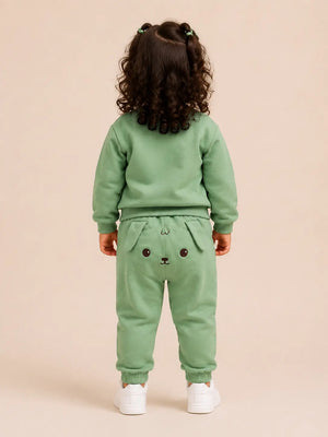 BloomUp Sage Green Puppy Appliqué Co-ord Set for Kids – Soft Cotton Sweatshirt & Jogger Pants Set