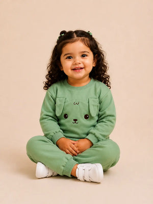 BloomUp Sage Green Puppy Appliqué Co-ord Set for Kids – Soft Cotton Sweatshirt & Jogger Pants Set