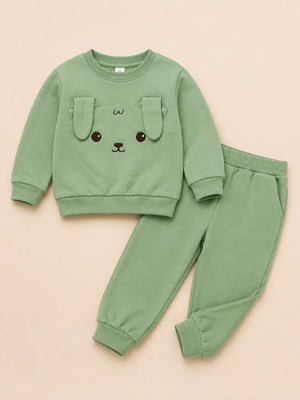 BloomUp Sage Green Puppy Appliqué Co-ord Set for Kids – Soft Cotton Sweatshirt & Jogger Pants Set