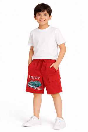 Spark Boys Enjoy The Ride Car Print Shorts – Red Kids Casual Cotton Cargo Shorts Spark