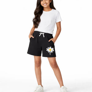 Spark Kids Black Daisy Cotton Shorts | Soft Drawstring Summer Shorts for Boys & Girls | Comfortable Casual Kids Wear Spark