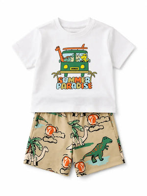 BloomUp White Summer Paradise T-Shirt & Tropical Dinosaur Print Shorts Set for Boys – Fun Casual Summer Outfit