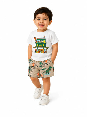 BloomUp White Summer Paradise T-Shirt & Tropical Dinosaur Print Shorts Set for Boys – Fun Casual Summer Outfit