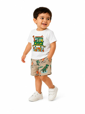 BloomUp White Summer Paradise T-Shirt & Tropical Dinosaur Print Shorts Set for Boys – Fun Casual Summer Outfit