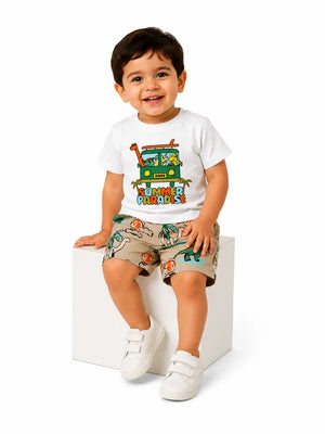 BloomUp White Summer Paradise T-Shirt & Tropical Dinosaur Print Shorts Set for Boys – Fun Casual Summer Outfit