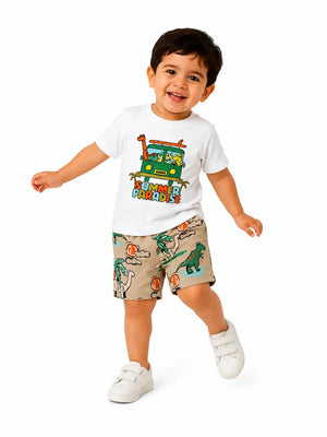 BloomUp White Summer Paradise T-Shirt & Tropical Dinosaur Print Shorts Set for Boys – Fun Casual Summer Outfit