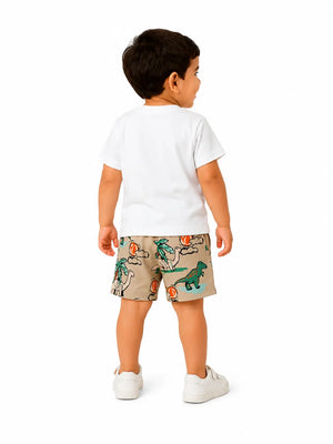 BloomUp White Summer Paradise T-Shirt & Tropical Dinosaur Print Shorts Set for Boys – Fun Casual Summer Outfit