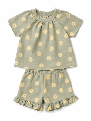 BloomUp Sage Green Floral Print Top & Frill Shorts Co-ord Set for Girls – Soft Cotton Casual Summer Outfit