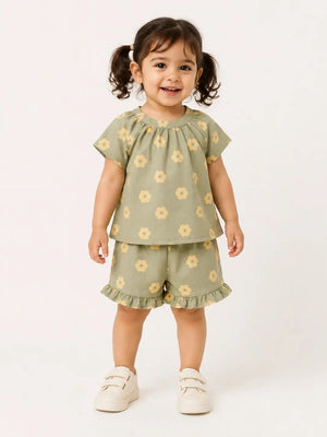 BloomUp Sage Green Floral Print Top & Frill Shorts Co-ord Set for Girls – Soft Cotton Casual Summer Outfit