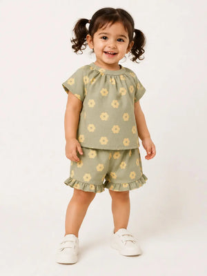 BloomUp Sage Green Floral Print Top & Frill Shorts Co-ord Set for Girls – Soft Cotton Casual Summer Outfit