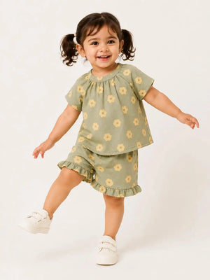 BloomUp Sage Green Floral Print Top & Frill Shorts Co-ord Set for Girls – Soft Cotton Casual Summer Outfit