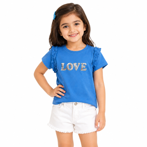 Blue “Love” Graphic Kids T-Shirt – Soft Cotton Ruffle Sleeve Summer Wear for Girls BloomUp