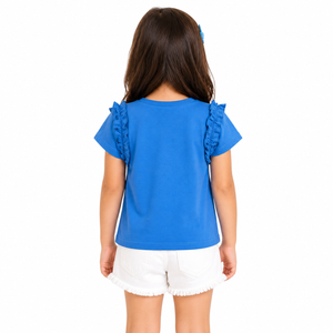 Blue “Love” Graphic Kids T-Shirt – Soft Cotton Ruffle Sleeve Summer Wear for Girls BloomUp