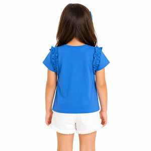 BloomUp Blue “Love” Graphic Kids T-Shirt – Soft Cotton Ruffle Sleeve Summer Wear for Girls