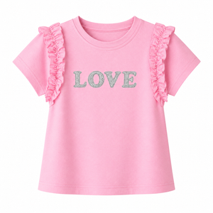 Pink “Love” Graphic Kids T-Shirt – Soft Cotton Ruffle Sleeve Summer Wear for Girls BloomUp
