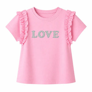BloomUp Pink “Love” Graphic Kids T-Shirt – Soft Cotton Ruffle Sleeve Summer Wear for Girls