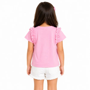 BloomUp Pink “Love” Graphic Kids T-Shirt – Soft Cotton Ruffle Sleeve Summer Wear for Girls