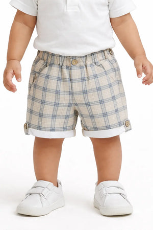 Spark Kids Blue Plaid Cotton Shorts | Smart Casual Checkered Summer Shorts for Boys Spark