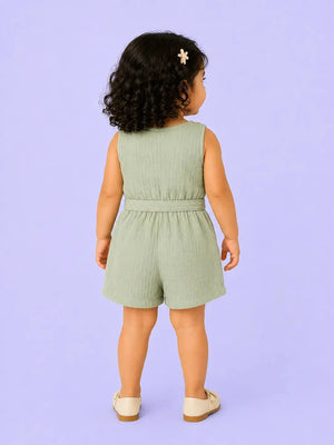 Sage Green Cotton Muslin Romper with Tie Waist – Soft Summer Baby Wear BloomUp