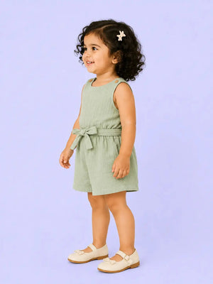 Sage Green Cotton Muslin Romper with Tie Waist – Soft Summer Baby Wear BloomUp
